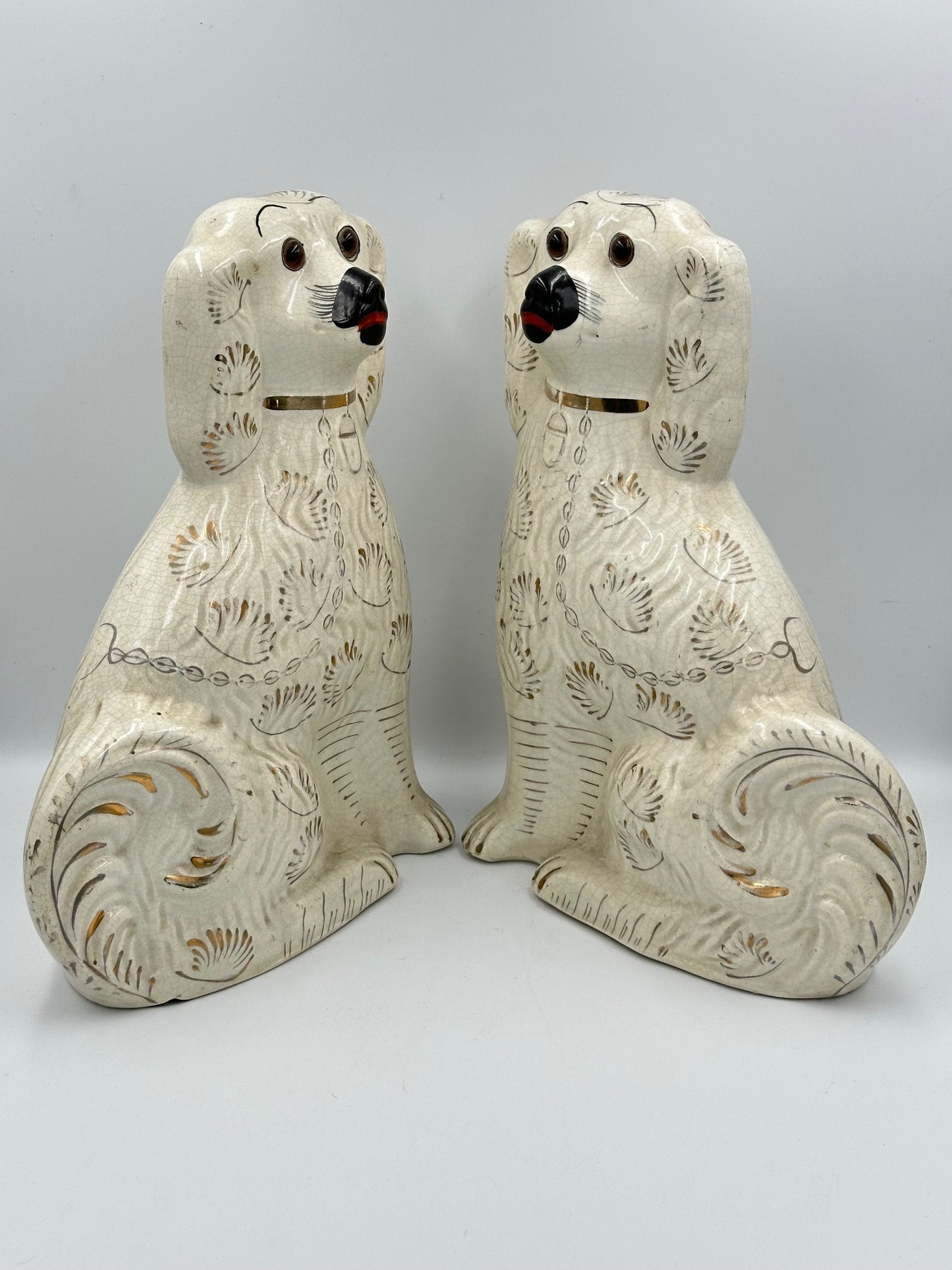 Large White & Gold "Fanned" Staffordshire Dogs