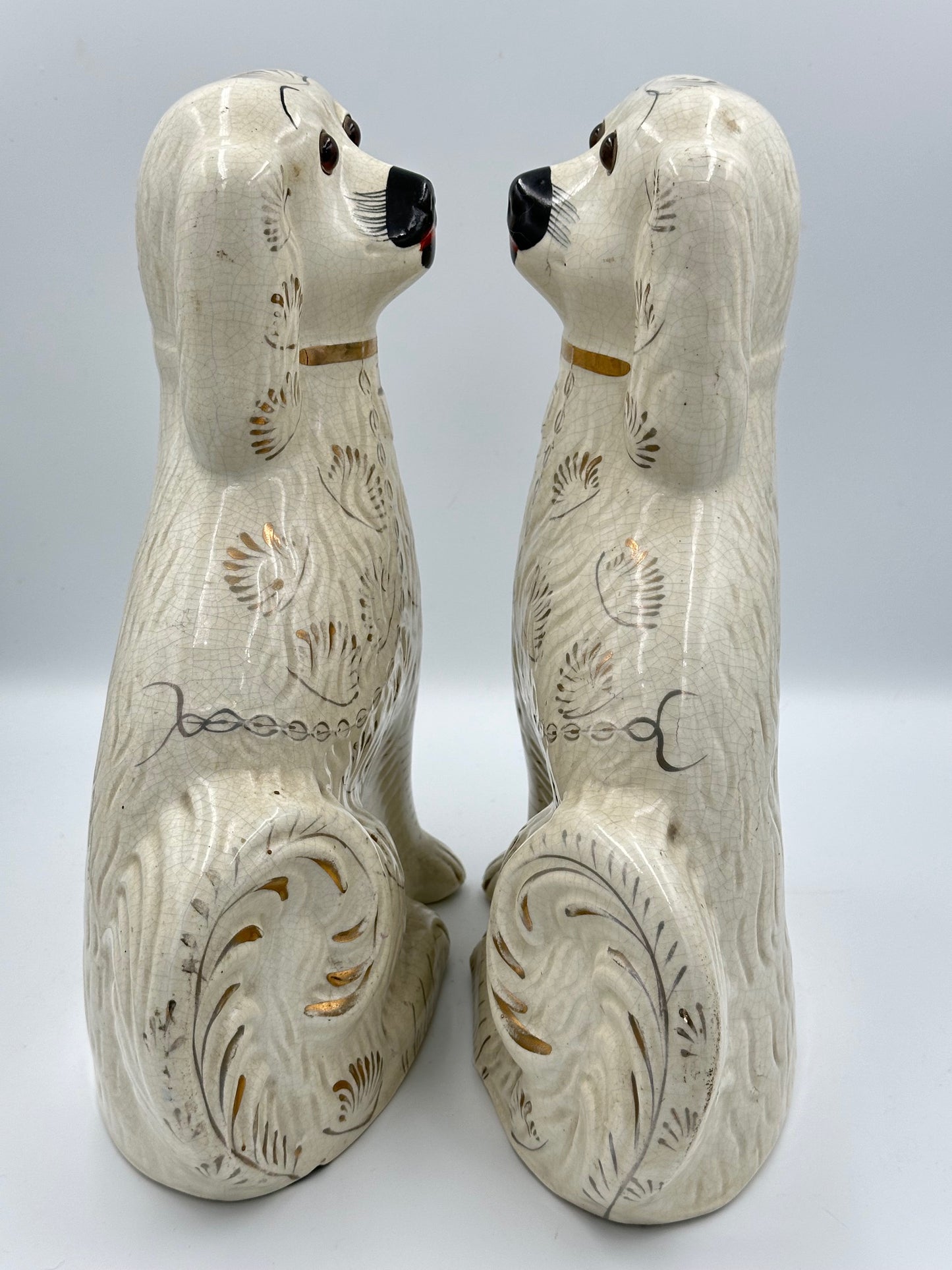 Large White & Gold "Fanned" Staffordshire Dogs
