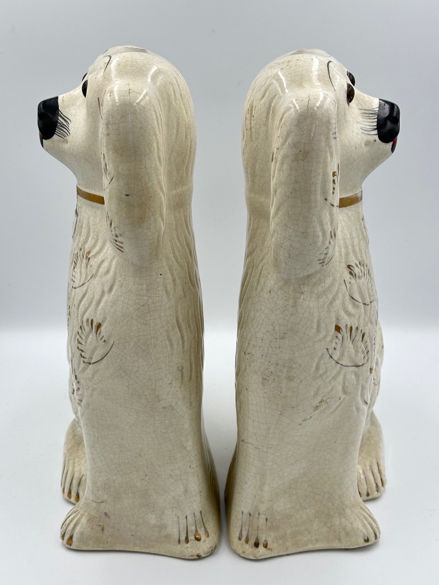 Large White & Gold "Fanned" Staffordshire Dogs