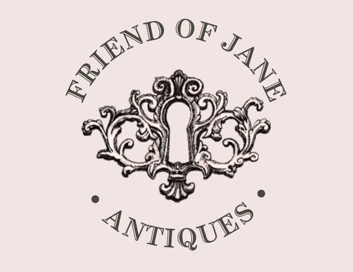 Logo for 'Friend of Jane Antiques' with decorative elements on a pink background
