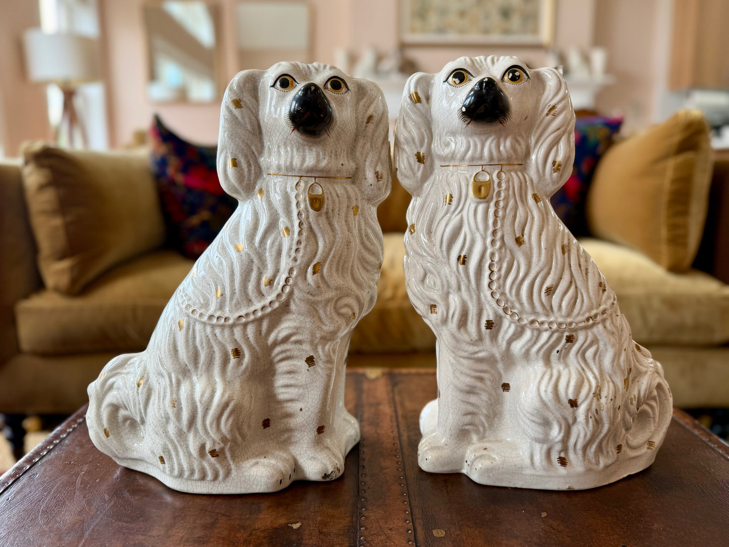 Large White & Gold Spotted Staffordshire Dogs