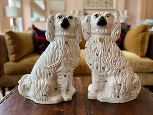 Large White & Gold Spotted Staffordshire Dogs
