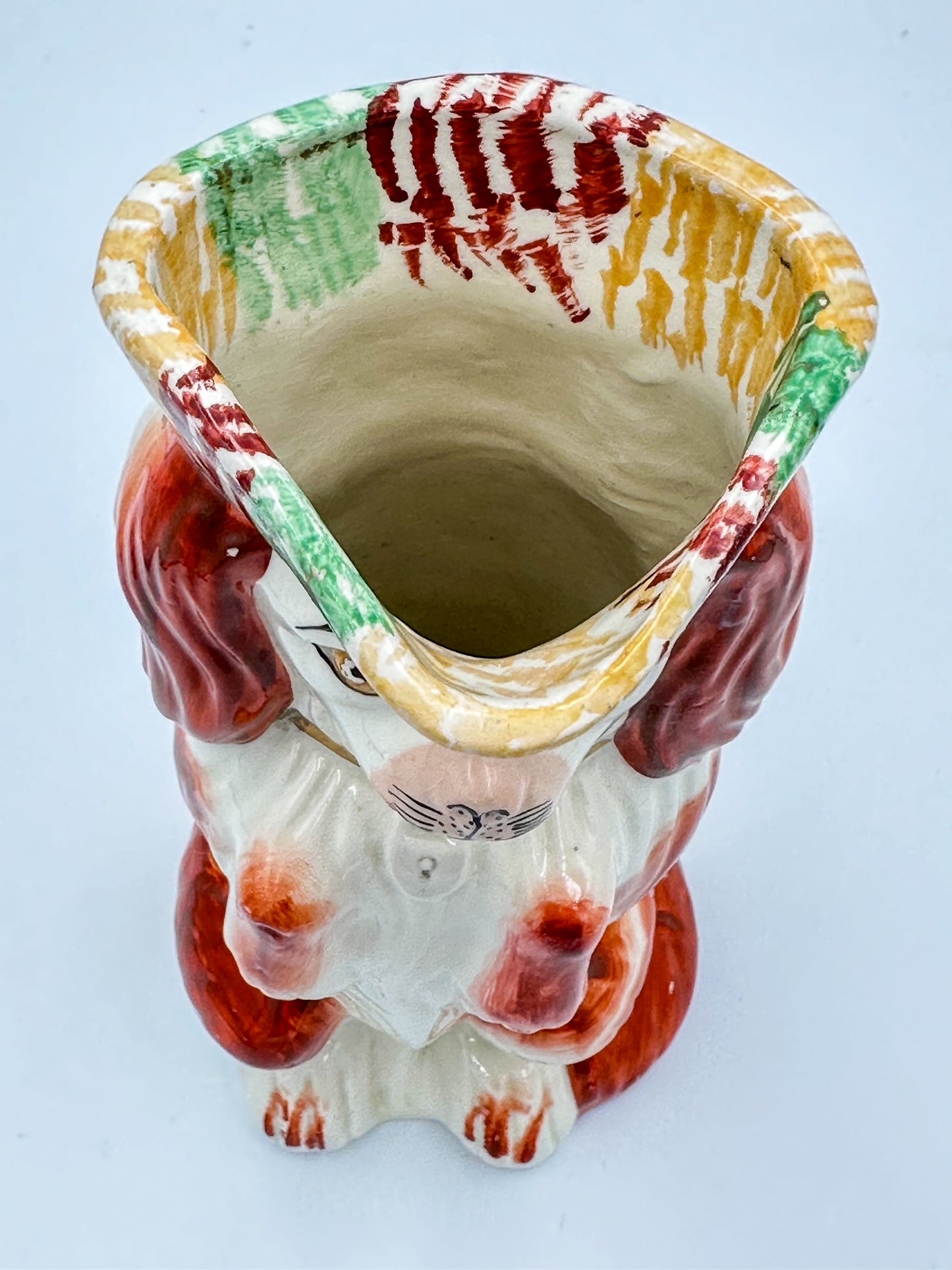 Begging Staffordshire Dog Pitcher w/ Striped Hat