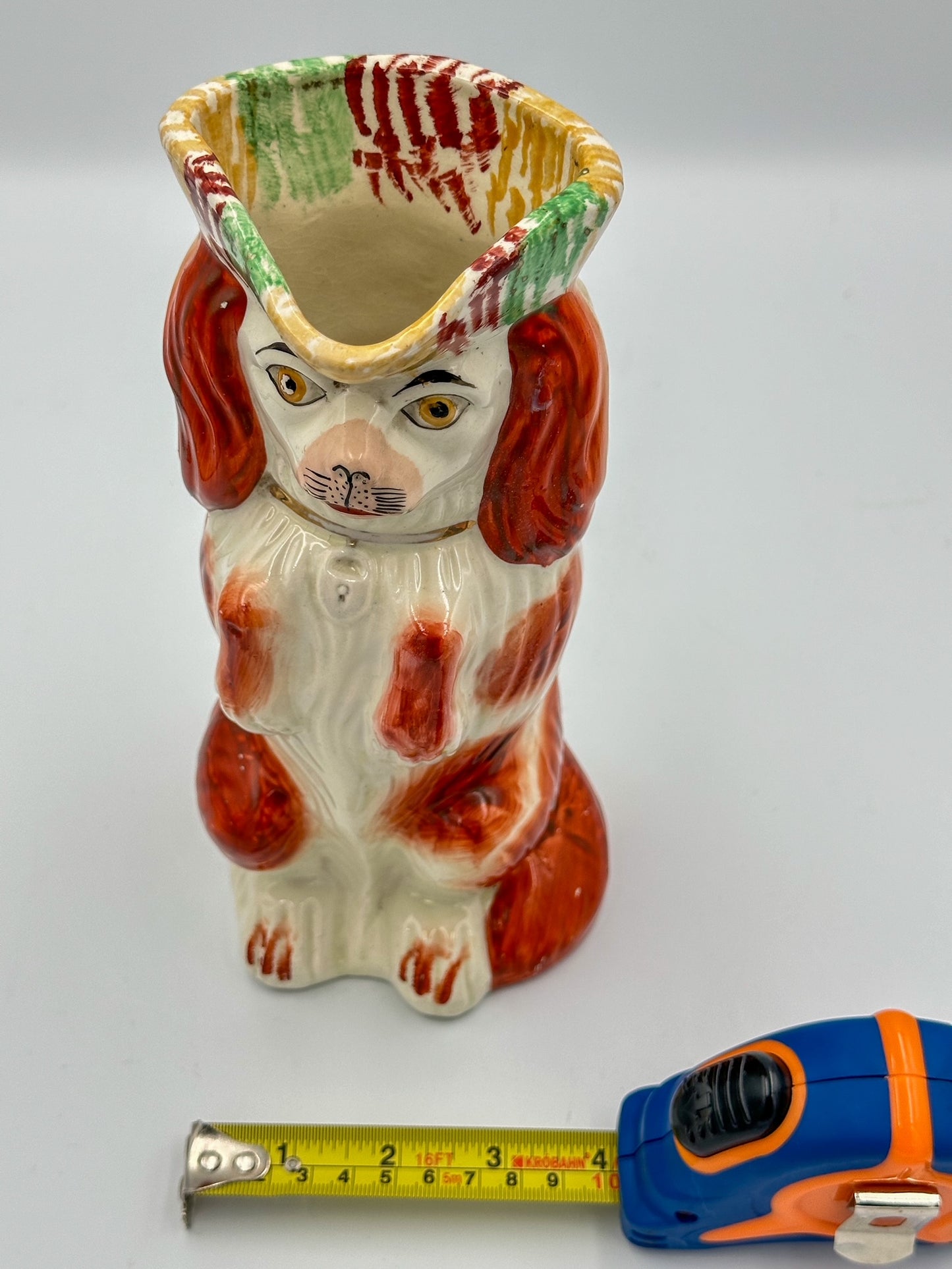 Begging Staffordshire Dog Pitcher w/ Striped Hat
