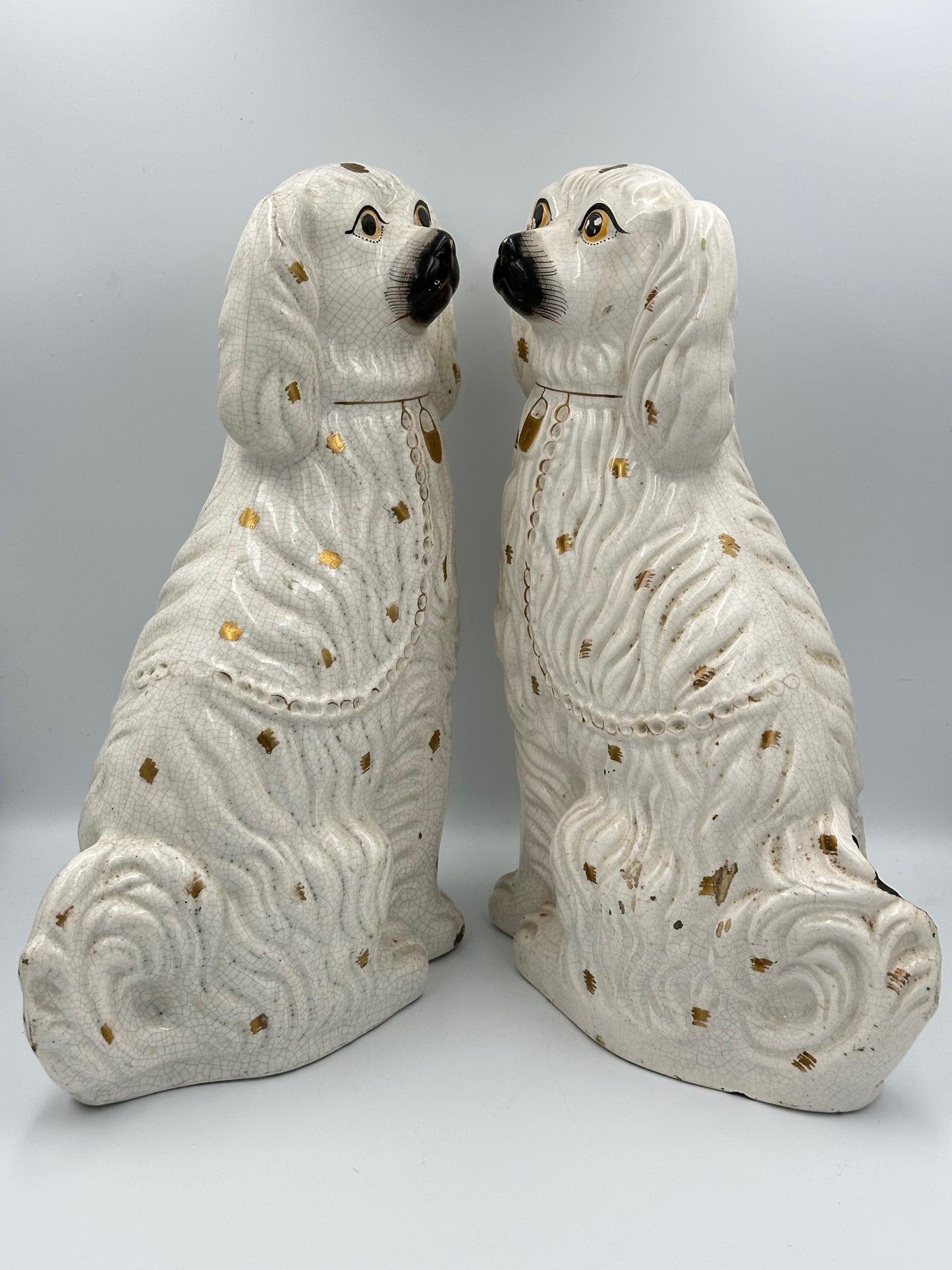 Pair of Large White & Gold Spotted Staffordshire Spaniels