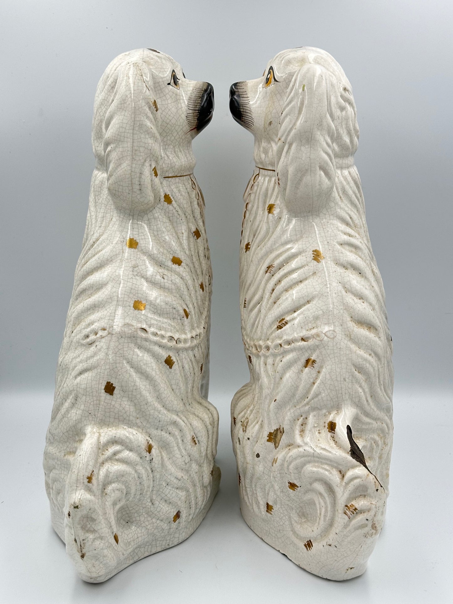 Pair of Large White & Gold Spotted Staffordshire Spaniels