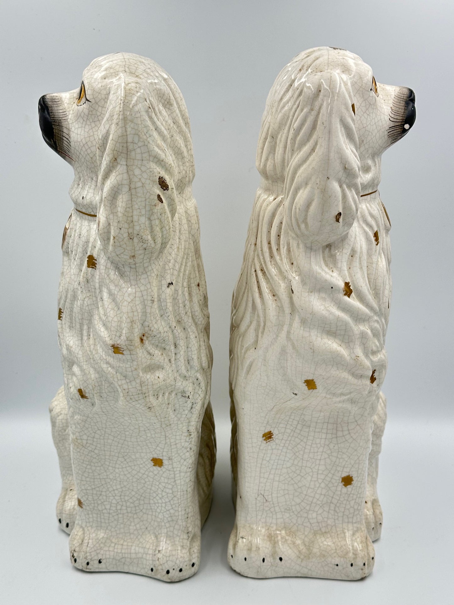 Pair of Large White & Gold Spotted Staffordshire Spaniels