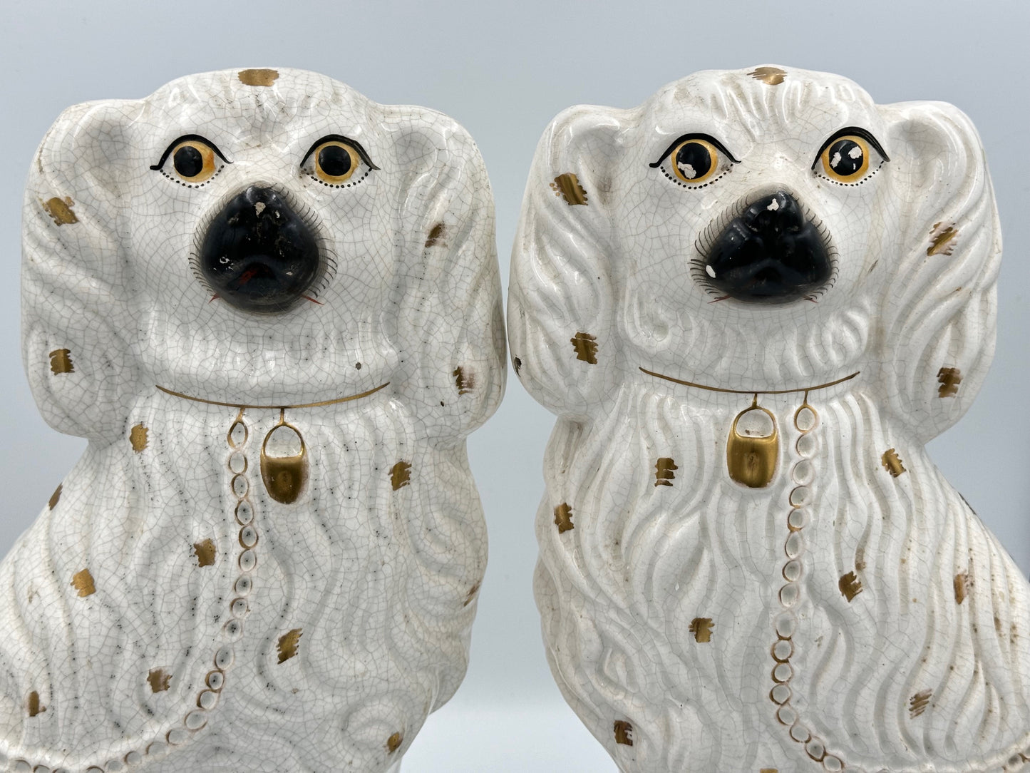 Pair of Large White & Gold Spotted Staffordshire Spaniels