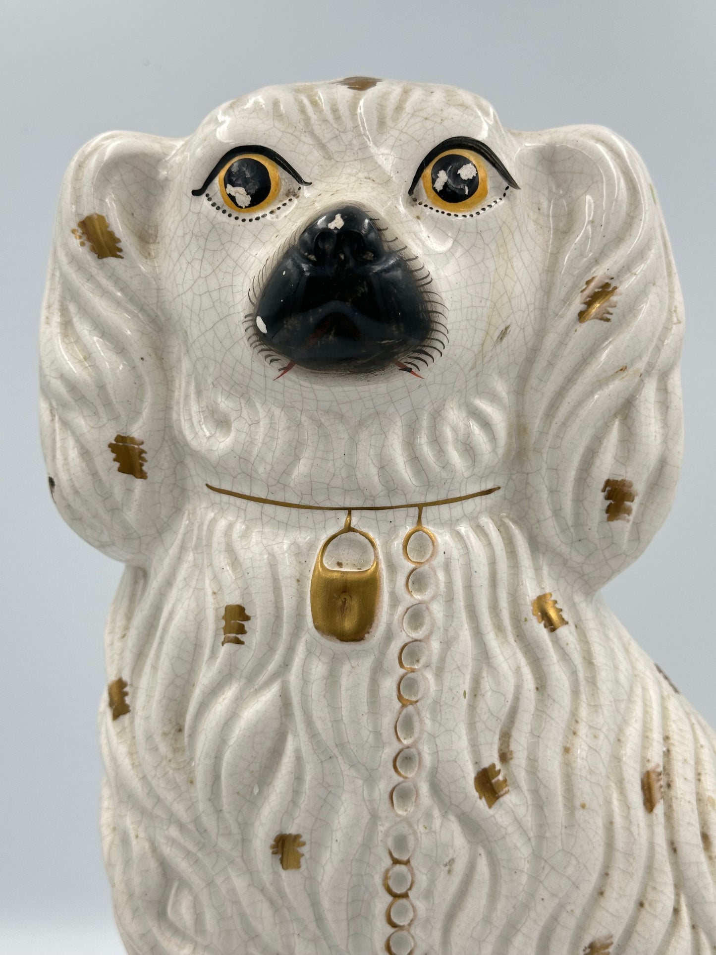 Pair of Large White & Gold Spotted Staffordshire Spaniels