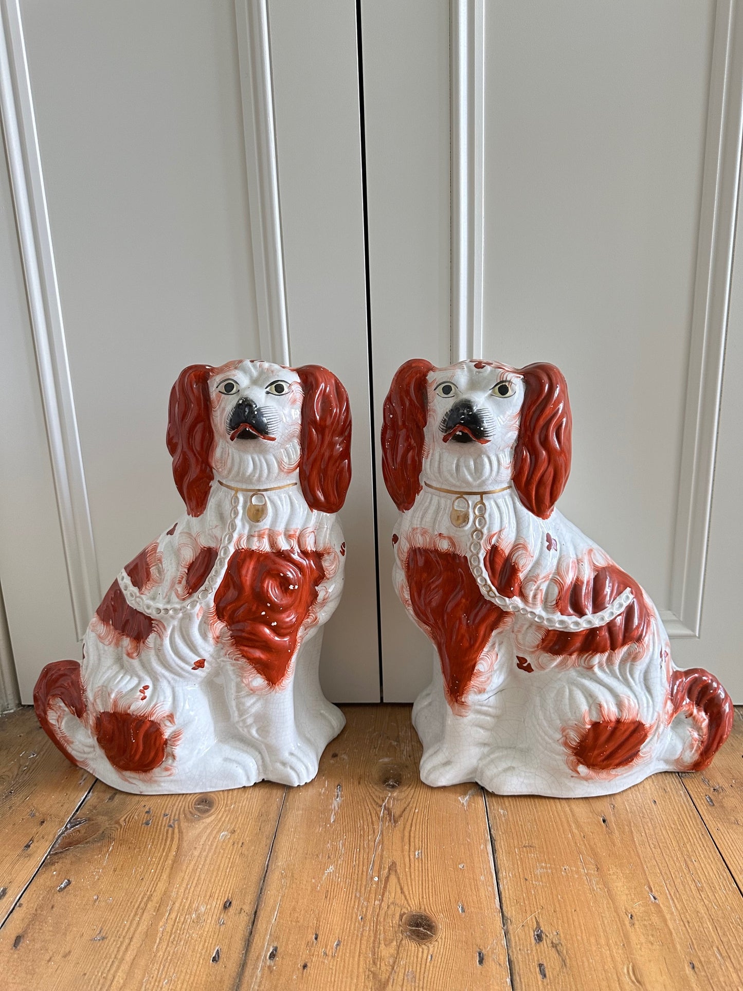 Pair of Large Red and White Staffordshire Spaniels