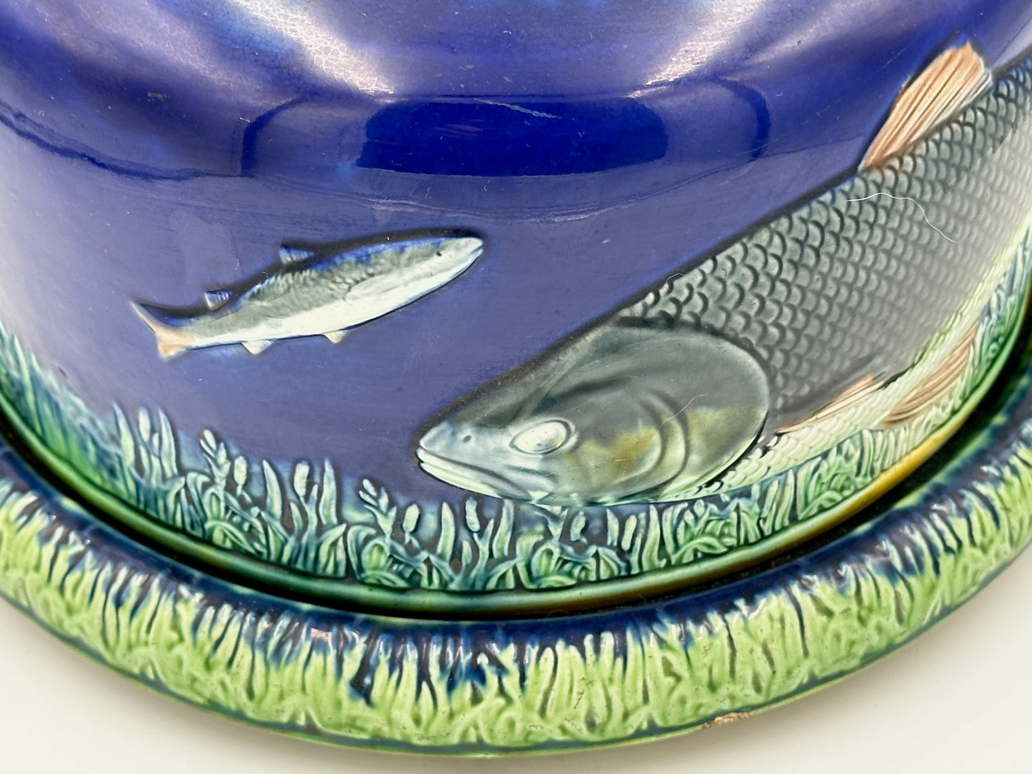 English Majolica Adams & Bromley Fish Cheese Dome