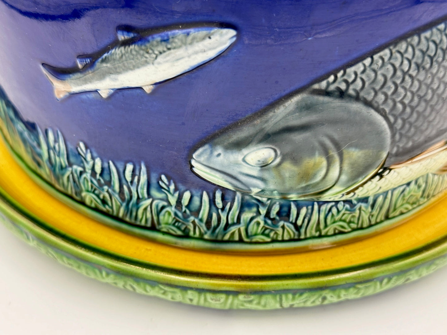 English Majolica Adams & Bromley Fish Cheese Dome