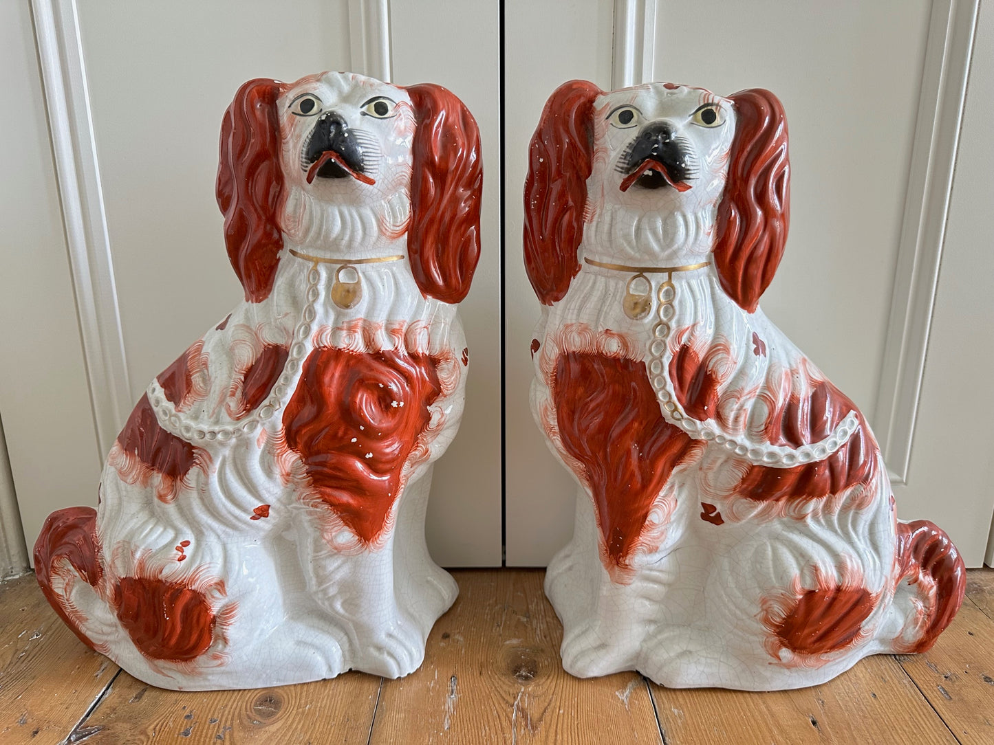 Pair of Large Red & White Staffordshire Dogs C. 1880s