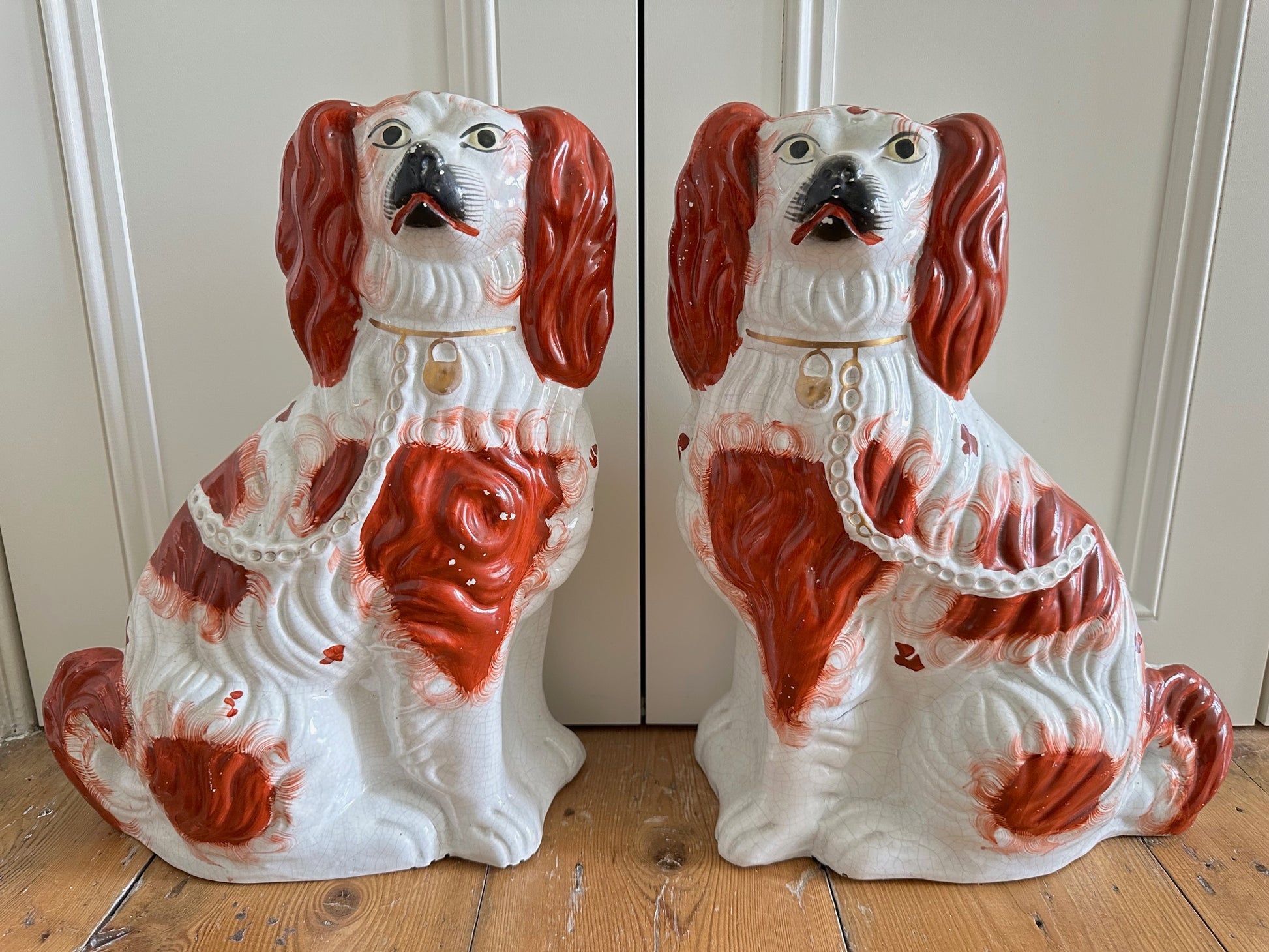 Pair of Large Red & White Staffordshire Dogs C. 1880s