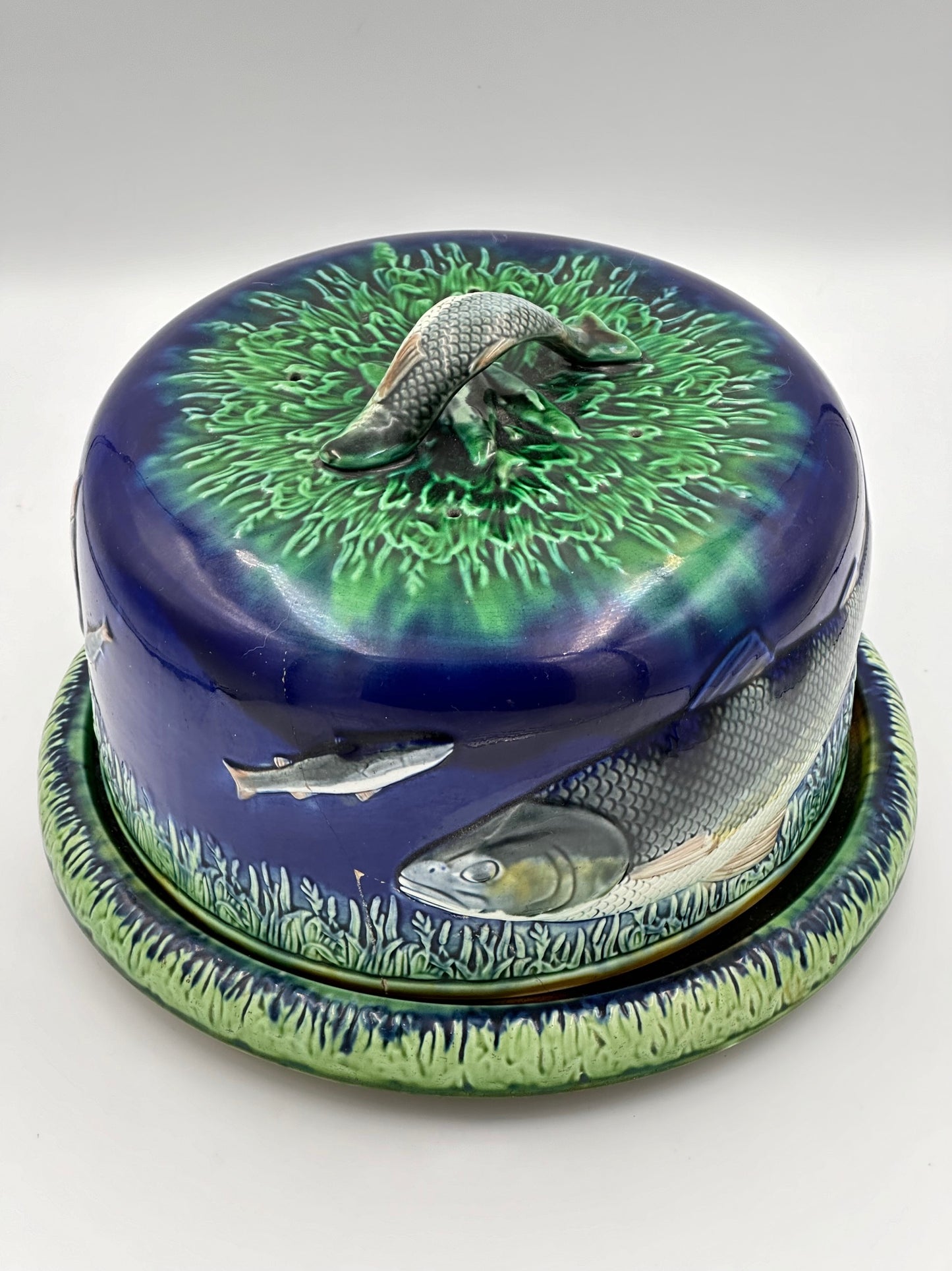 A vintage English Majolica cheese dome with a hand painted fish relief and green foilage on a cobalt blue background, featuring a raised fish handle on the top and a tortoise shell glazing technique on the bottom.