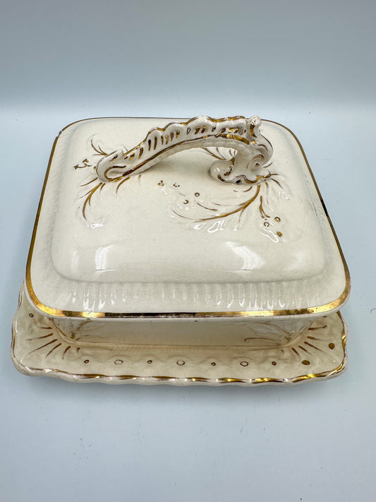 A cream porcelain sardine dish with gold embellishments, featuring a floral pattern and a handle, displayed against a plain background.