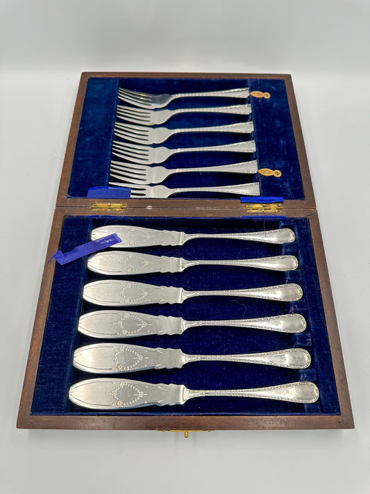 Vintage Set of Fish Knives and Forks in Wooden Box with blue velvet lining