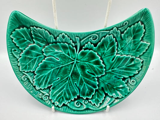 Green Wedgwood Majolica Crescent Bone Plate with Leaf motif