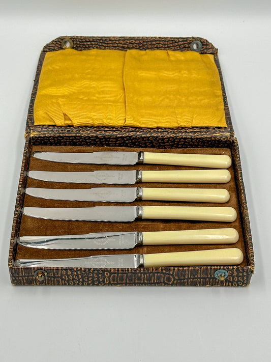 A set of six stainless steel fruit knives with bakelite handles, presented in a box with a yellow interior. The knives are displayed with their blades visible and are in vintage condition.